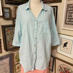 Catherines Womens Light Blue Linen Blend Button-Up Shirt Top Size 2X